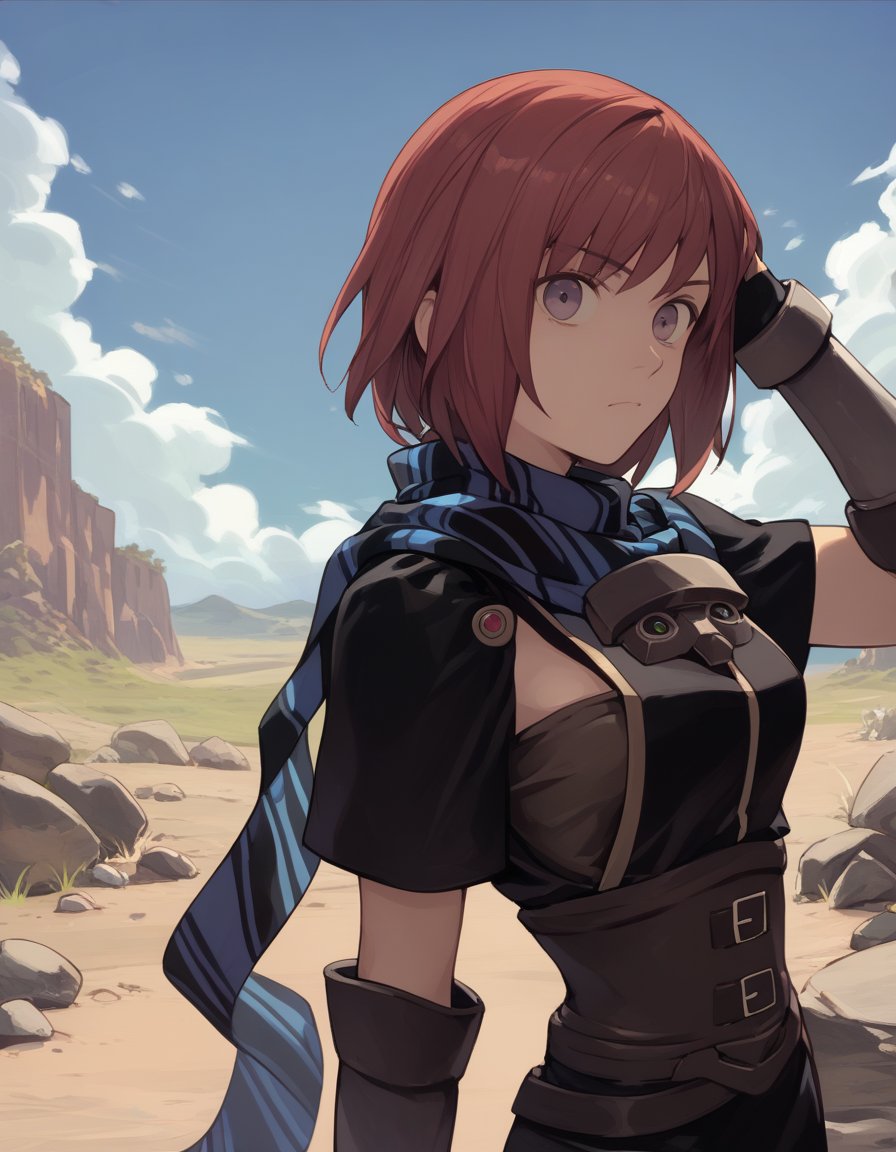 score_9,  score_8_up, score_7_up <lora:nel-zelpher-ponyxl-000020:1> nel zelpher, black dress, short dress, striped scarf, vambraces, fingerless gloves, black thighhighs,upper body, fixing hair, looking at viewer, rocks, dirt road, sky