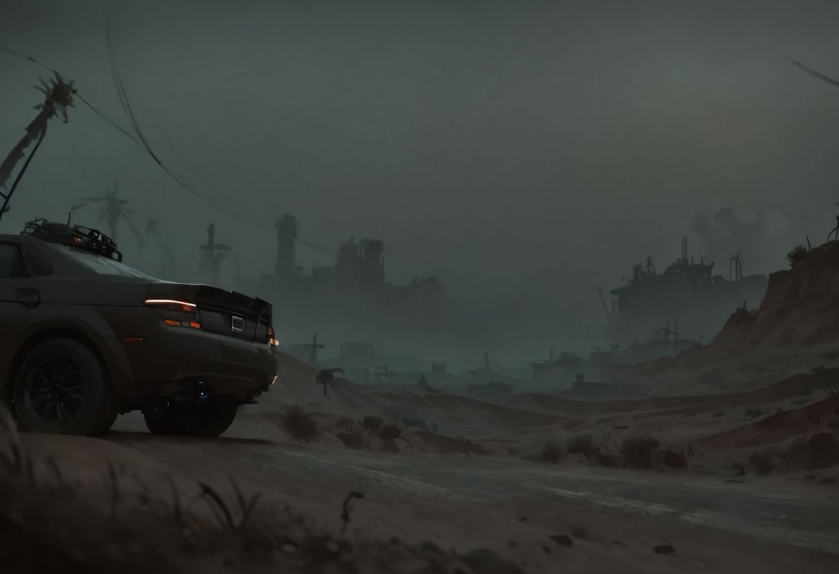 score_9, score_8_up,score_7_up, score_6_up, score_5_up, score_4_up,no humans, outdoors, desert, desert road, car parked on side of road, person leaning on car, distant view of city skyline, blimp in distance, midday, daytime lighting,BREAK, aesthetic, wallpaper, high quality, upper body, bright colors, high contrast, dark background, vivid lighting, 