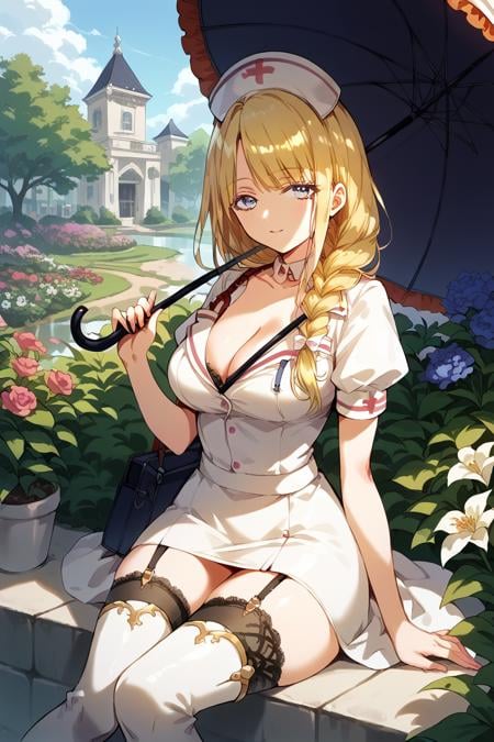 score_9, score_8_up, score_7_up, score_6_up, 1girl, <lora:Neo:0.9> neo, solo, umbrella, blonde hair, long hair, holding umbrella, thighhighs, breasts, hat, cleavage, nurse cap, holding, braid, garter straps, thigh boots, sitting, flower, garden,