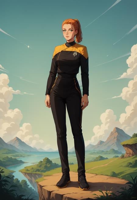 core_9, score_8_up, score_7_up, score_6_up, 1girl,scenery,ginger,ponytail,pcdst,Star trek uniform,yellow,yellow shoulders,black jumpsuit,<lora:PicardPony-000050> 