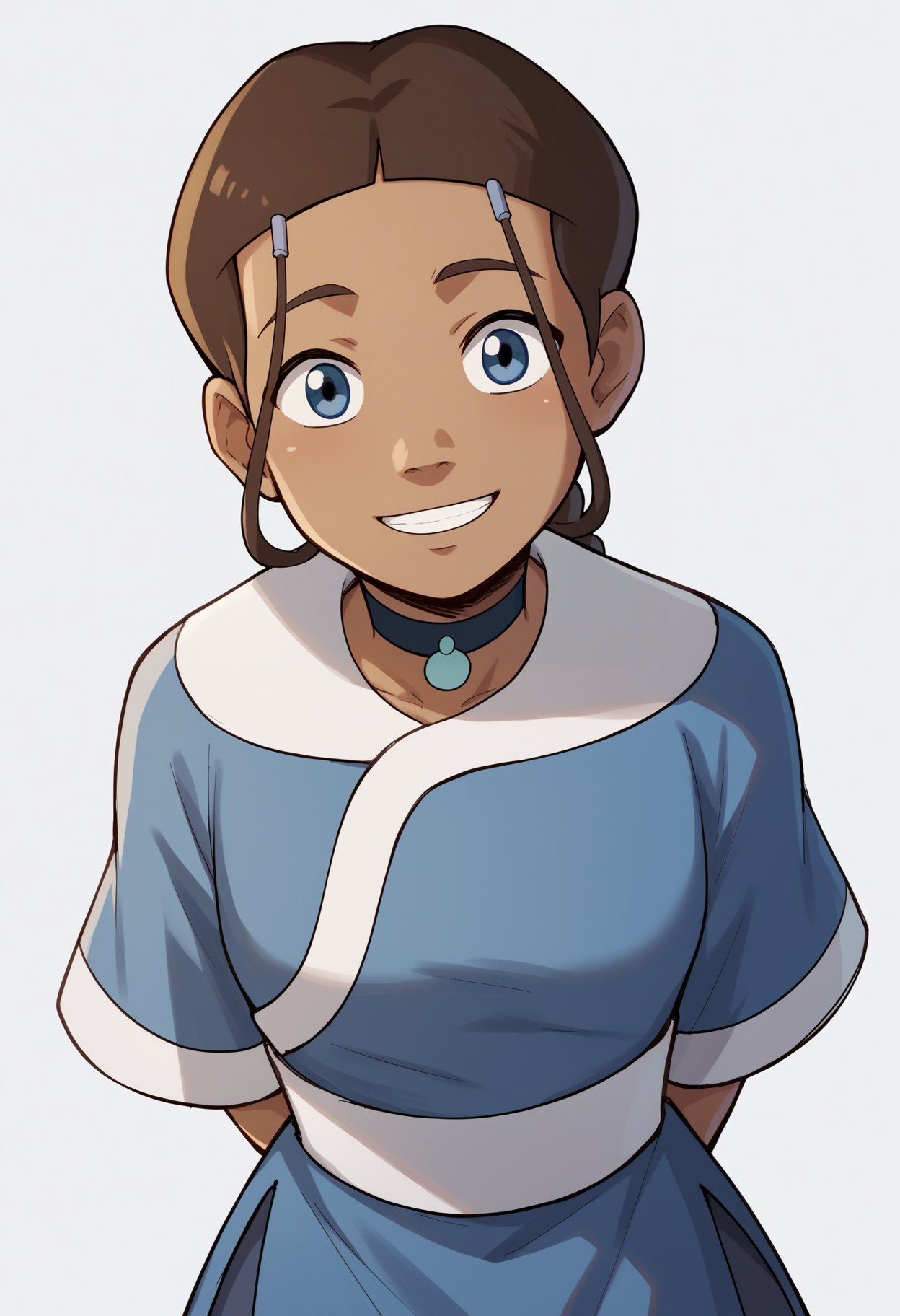 score_9, score_8_up, score_7_up, score_6_up, score_5_up, score_4_up, BREAK, source_anime,1girl, katara, brown hair, braid, blue dress, blue eyes, dark skin, choker,hands behind back, smile, upper body, looking at viewer, solo, simple background, white background   <lora:KataraXL:1>