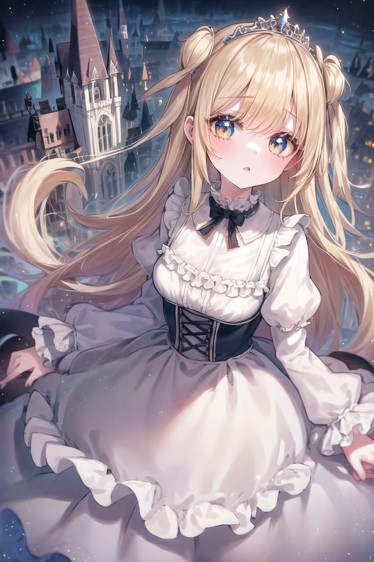 (1girl, solo), (eyelashes:0.7), dress, gown, frills, puffy, slender, dutch angle, from above, hall, european_architecture, tiara, jewelry, surreal, fantasy, (floating hair, severed hair, detached hair:-1), <lora:SilverSapphireAI:0.25> , <lora:ChronomancyAI-000010:0.25> , <lora:CrystallineAI-000009:0.25>