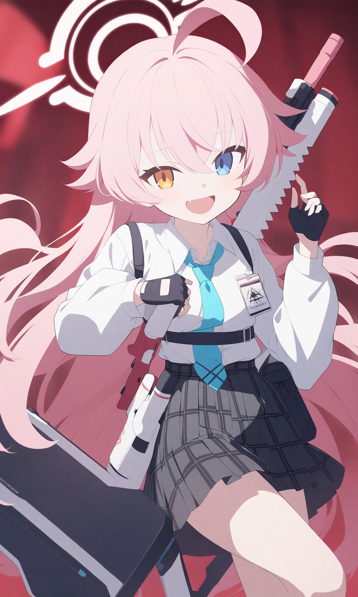 red_theme anime_girl_with_pink_hair_and_blue_eyes_holding_a_gun 1girl hoshino_\(blue_archive\) gloves solo heterochromia halo pink_hair id_card fingerless_gloves necktie weapon long_hair shirt blue_necktie blue_eyes shotgun black_gloves ahoge gun white_shirt skirt collared_shirt looking_at_viewer long_sleeves plaid_skirt shield yellow_eyes shotgun_shell plaid open_mouth fang orange_eyes smile grey_skirt bangs school_uniform best_quality newest