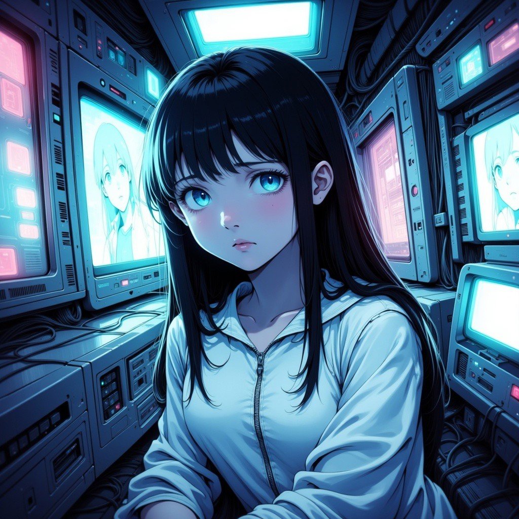 This is a digital illustration in a futuristic, cyberpunk style. The scene depicts a young woman with long, straight, dark hair and piercing blue eyes, gazing out from within a complex, high-tech environment. She appears to be in a futuristic spaceship or control room, surrounded by a labyrinth of neon-lit, glowing blue and pink panels and screens. The panels display various buttons, dials, and holographic displays, contributing to the sci-fi atmosphere.The woman is wearing a white, somewhat translucent, high-tech jumpsuit, with a visible chest area that suggests she might be a pilot or a crucial crew member. She looks both curious and slightly apprehensive, with her gaze directed at the viewer.