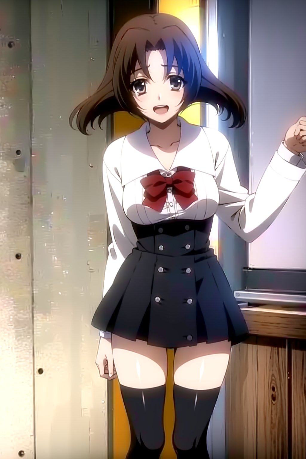 1girl, solo, (young woman, 18 years old), minami obuchi, short_hair, brown_hair, bangs, grey eyes,BREAK (waist-length skirt), thighhighs, school uniform, shoes, black thighhighs, zettai ryouiki, bow, red bow, white shirt,BREAK looking at viewer, standing, solo_female<lora:EMS-407829-EMS:0.800000>