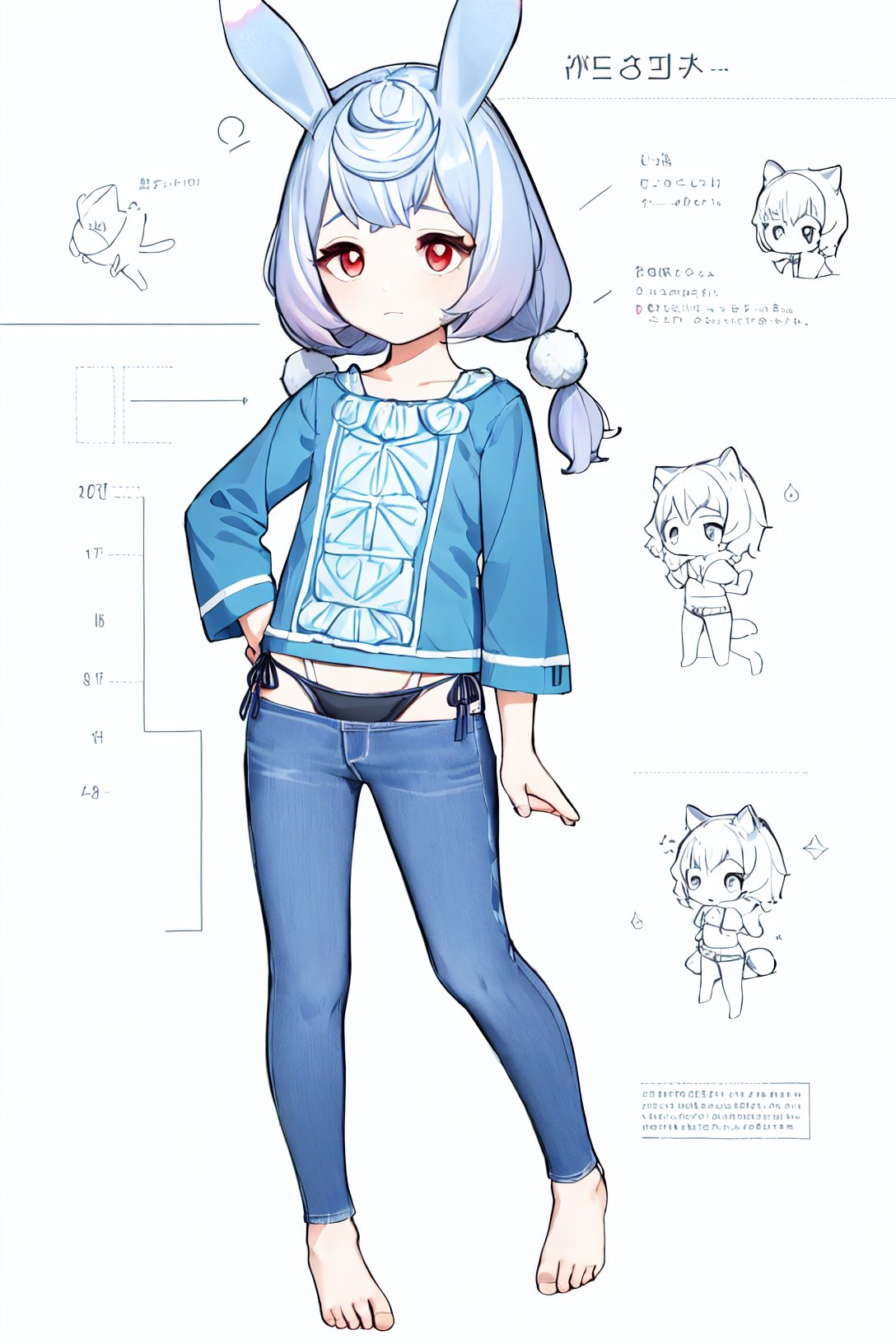 multiple views, pencil sketch, (sketch:1.25), (loli), ((no shoes)), shy, best quality, graphite \\(medium\\), ske, gradient, rainbow, note, Line draft, highres, absurdres, (ultra-detailed:1.1), (illustration:1.1), (infographic:1.2), pajamas, (all clothes configuration:1.15), (solo), perfectly drawn hands, standing, cohesive background, paper, action, (character design:1.1), <lora:Bikini Jeans 服装:0.85>, bikini jeans, <lora:Sigewinne-v100-000019:0.8>, Sigewinne, 1girl, red eyes, animal ears, chibi, rabbit ears, <lora:Anime Lineart ,Manga-like (线稿,線画,マンガ風,漫画风) Style:0.4>, <lora:Sketchy - Style:0.2>, [[delicate fingers and hands:0.55]::0.85], (detail fingers), (empty hands:1.1), bare_hands, (beautiful_face), ((intricate_detail)), (revealing clothes:1.2), clear face, ((finely_detailed)), fine_fabric_emphasis, ((glossy)), 