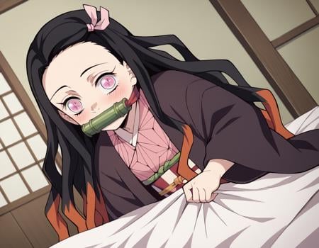 score_9, score_8_up, score_7_up, source_anime,nezukokamado, <lora:nezuko-kamado-anime-ponyxl-lora-nochekaiser:1>,nezuko kamado, black hair, forehead, hair ribbon, long hair, multicolored hair, pink eyes, orange hair, slit pupils, wavy hair, two-tone hair,bamboo, bit gag, gag, gagged, asa no ha \(pattern\), checkered sash, haori, japanese clothes, kimono, long sleeves, obi, pink kimono, sash, wariza, wide sleeves,indoors, bed, bed room, on side, blush, drunk,solo, dutch angle, looking at viewer, cowboy shot,