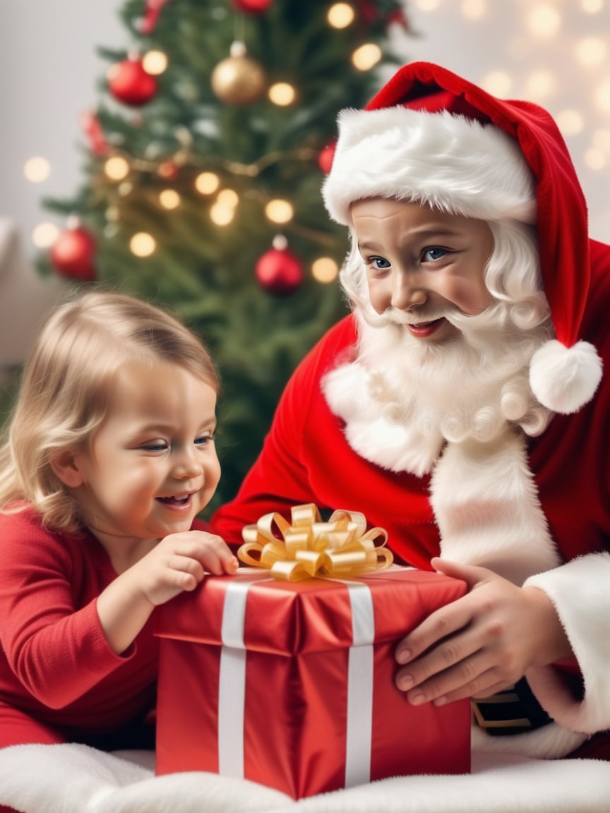 A child opens a present from Santa Claus, their face filled with joy., realistic, best quality