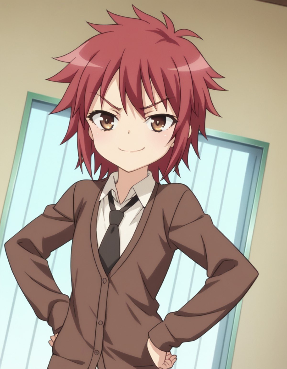 score_9, score_8_up, score_7_up, source_anime, <lora:aoi-yusa-s2-ponyxl-lora-nochekaiser:1>, aoi yusa, short hair, brown eyes, red hair,, school uniform, necktie, shirt, white shirt, collared shirt, cardigan, brown cardigan,, indoors, smug, smile, looking at viewer, solo, hands on hips,, cowboy shot, dutch angle