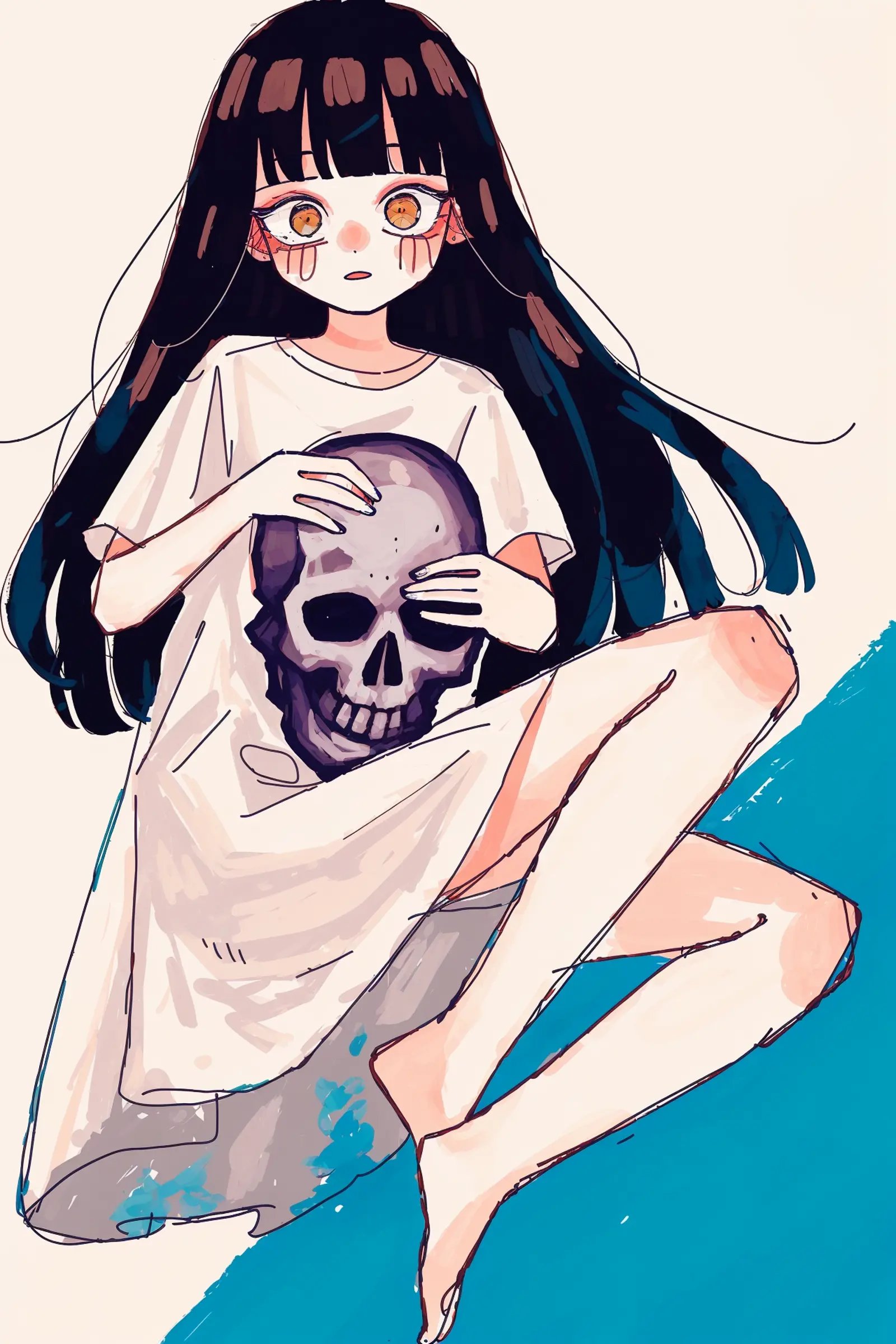 by tsvbvra, 1girl, long hair, barefoot, solo, holding skull, skull, short sleeves, black hair, holding