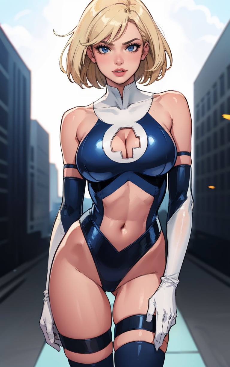 MARVEL_SueStorm_90s_ownwaifu,1girl, blonde hair, blue eyes, short hair, lips, toned, breasts,   large breasts,  makeup, lipstick, cleavage cutout,  clothing cutout, cleavage, leotard, elbow gloves, gloves, navel, thighhighs, blue leotard, white gloves, bare shoulders, navel cutout, white thighhighs, midriff, highleg,  highleg leotard, <lora:MARVEL_SueStorm_90s_ownwaifu:0.65> ,  ((masterpiece)),((best quality)),(highres, absurdres), original, official_art, chromatic_aberration, light_particles, bokeh, bloom, depth_of_field, outdoors, day, looking at viewer, solo, cowboy shot, 