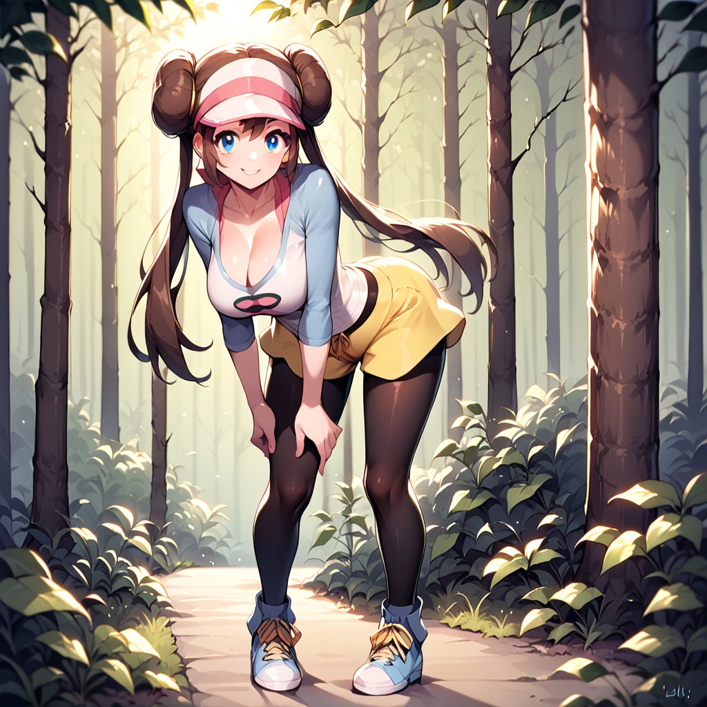 score_9, score_8_up, source_anime, <lora:princess_xl_v2:0.5>  full body, standing, smile, leaning forward, forest, dimly lit, cleavage,  <lora:Rosa_Pokemon-000002:1>hair bun, blue eyes, twintails, long hair, large breasts, visor cap, pantyhose, raglan sleeves, yellow shorts, shirt,  