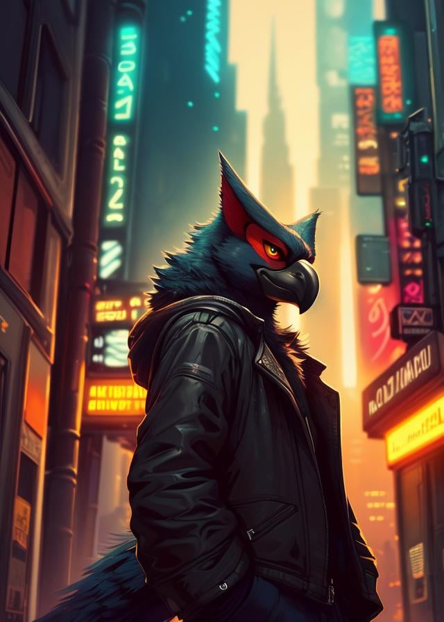 (by Majmajor, by Pockyrumz, by Xenoguardian:1.25), anthro (nargacuga:1.25), black jacket, jewelry, (vr headset), half-length portrait, three-quarter view, looking at viewer, low-angle view, BREAK, blade runner 2049, city scape, day, street, detailed background, foreground, depth of field, backlighting, ambient silhouette, masterpiece, best quality, light, 4k, 2k, photography