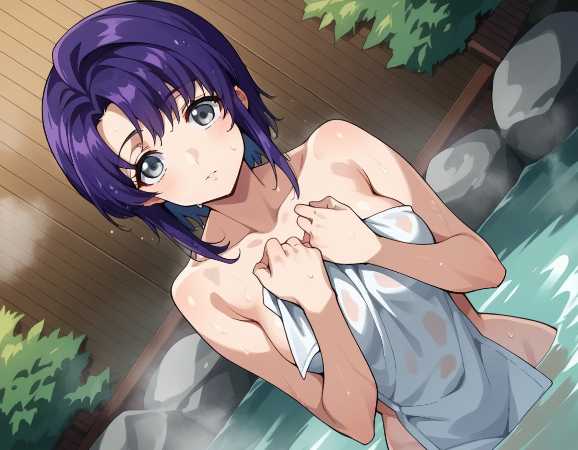 score_9, score_8_up, score_7_up, source_anime,cecilecroomy, <lora:cecile-croomy-s1-ponyxl-lora-nochekaiser:1>,cecile croomy, short hair, grey eyes, purple hair,nude, naked, outdoors, onsen, towel, naked towel, steam, bathing, nude cover, partially submerged, water, bath, steam censor, wet towel,looking at viewer, dutch angle, cowboy shot, solo,