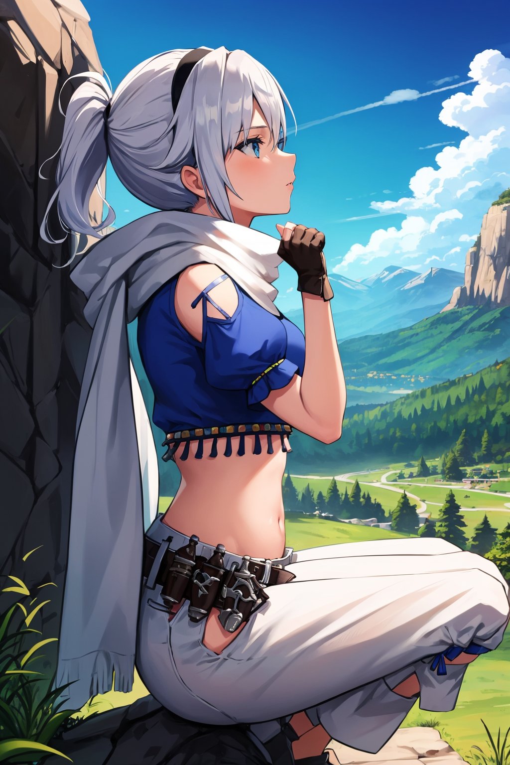 masterpiece, best quality, 1girl,  <lora:adelle-nvwls-v1-000009:1> adelle, short ponytail, white hair, black hairband, white scarf, blue shirt, midriff, white pants, belt, fingerless gloves, medium breasts, crouching, profile, mountain, rock formation, blue sky, looking up, clouds