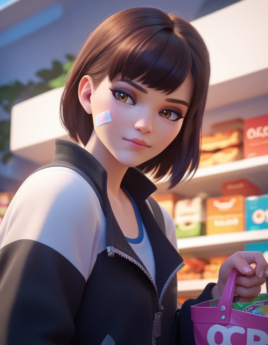 score_9, score_8_up, score_7_up, score_6_up, score_5_up, score_4_up,<lora:overwatch-3d-ponyxl-000010:0.6>1girl, owdva, bandaid on cheek, hair down, black jacket, shopping