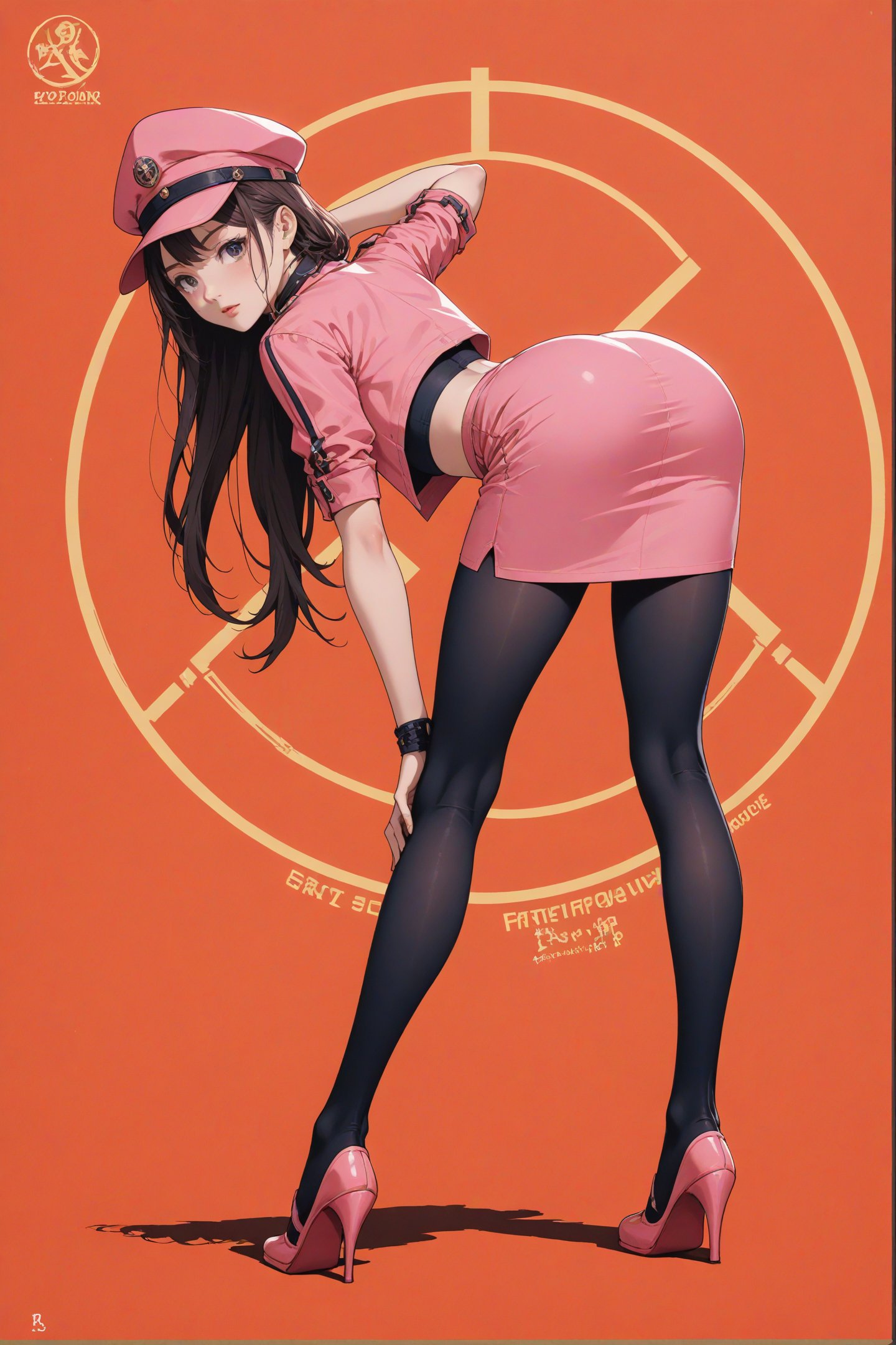 solo,1Girl,red background,full body,,ruanyi0495,crop top,cropped jacket,hat,pencil skirt,pink skirt,(black pantyhose),bra,bent over,<lora:0495 air goddess_v1:0.9>, best quality,masterpiece,highres,official art,extremely detailed cg unity 8k wallpaper