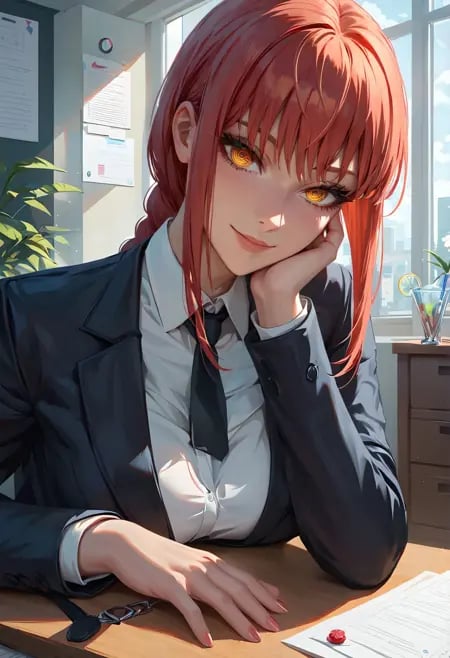 score_9, score_8_up, score_7_up,vibrant, highly detailed, award-winning, professional,beautiful aesthetic, very intricate, high quality details.1girl, makima \(chainsaw man\),formal, business suit,upper body, office, desk, head tilt, head rest,seductive smile, wide-eyed, detailed eyes, looking at viewer