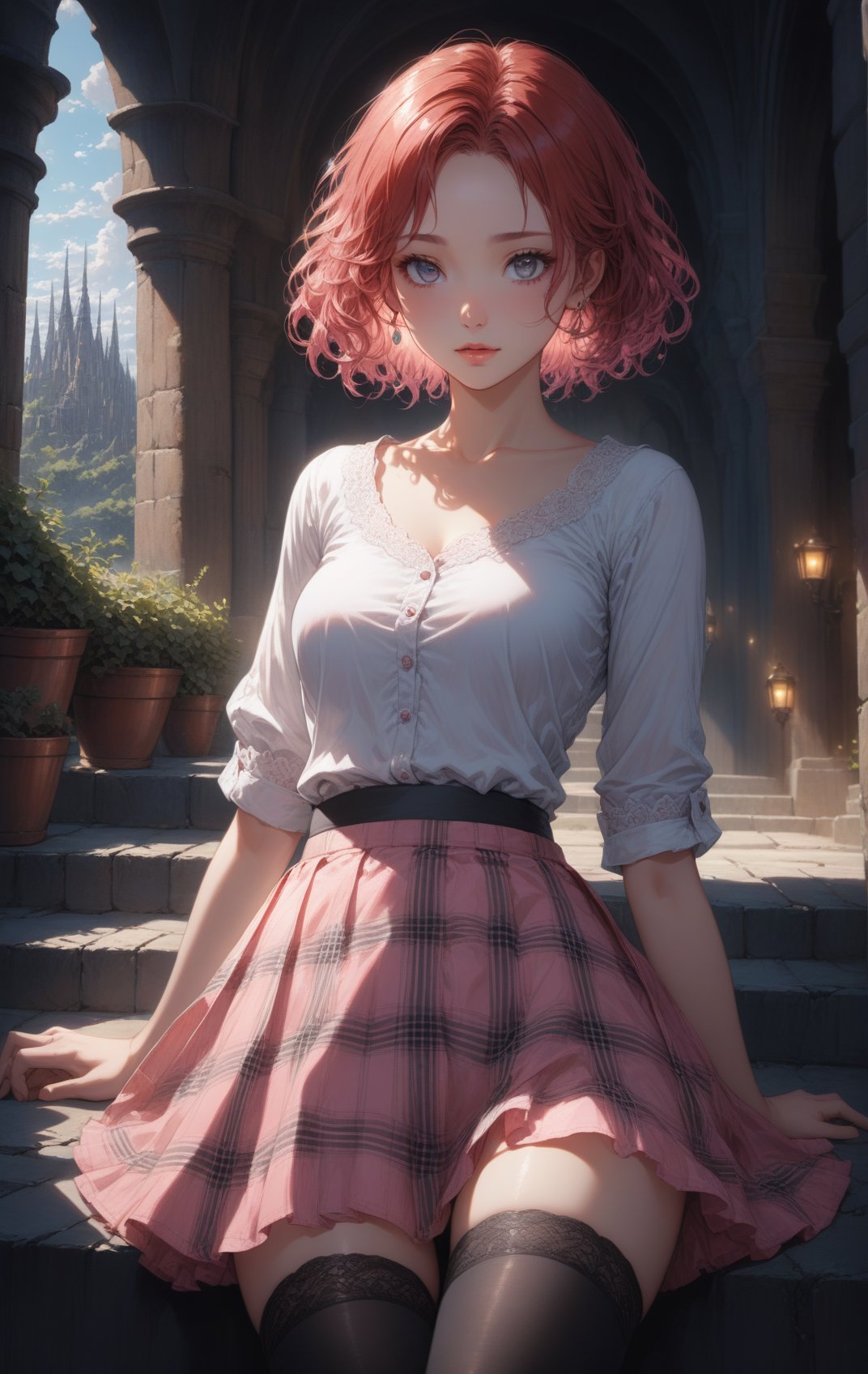 (masterpiece, best quality, ultra-detailed, best shadow), (detailed background,dark fantasy), (beautiful detailed face), (best illumination, an extremely delicate and beautiful), ((cinematic light)), colorful, hyper detail, dramatic light, intricate details, (depth) of (field),  detailed background, ponnie, red hair, short hair, wavy hair, forehead, side_part_hair, lips, grey_eyes, collarbones, 1ear,plaid skirt, pink skirt, thigh highs, white shirt, pastel pink  <lora:aesthetic_anime_v1s:1.2>