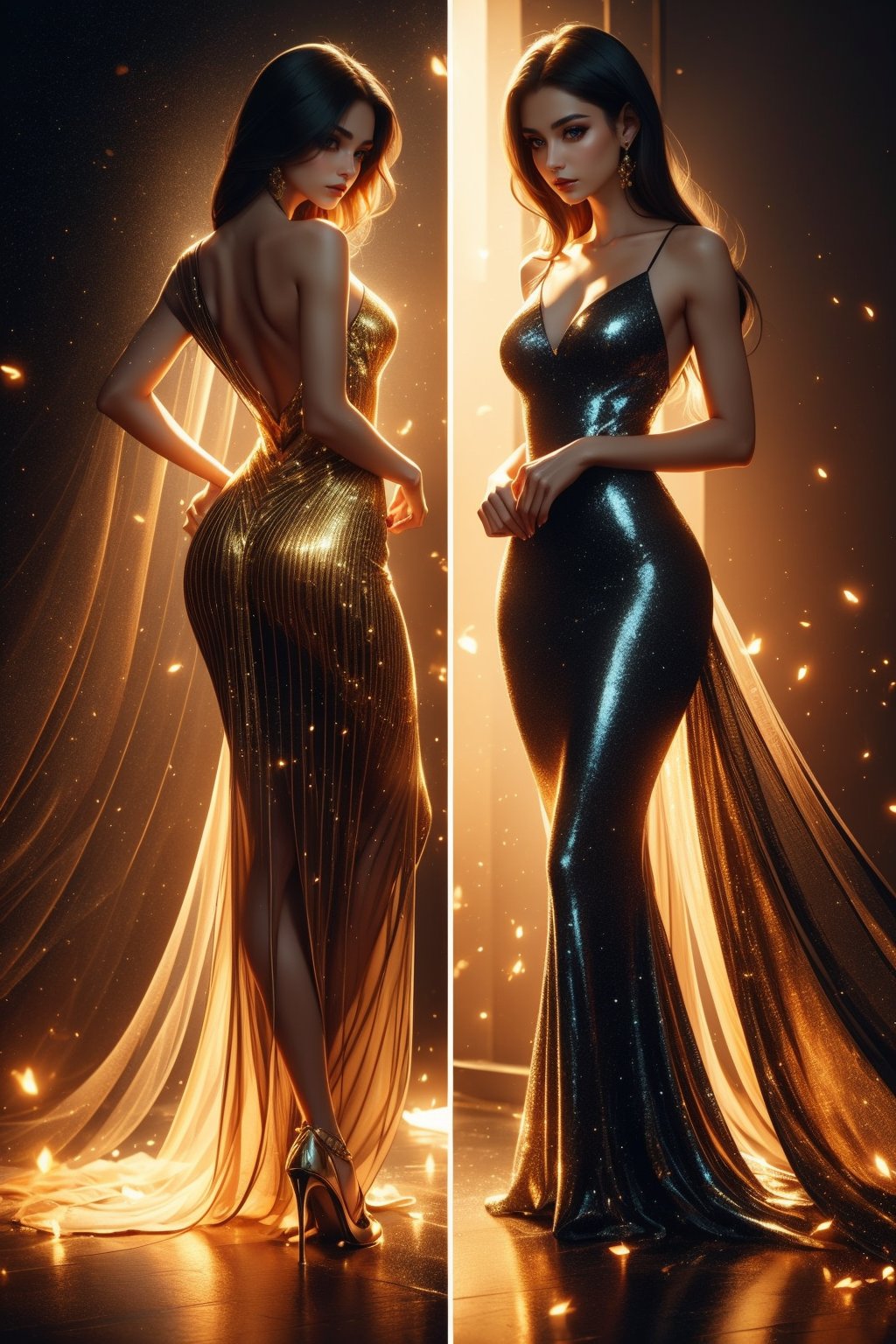 Best quality, hyper-high detail, very high res, image of a woman in gown of golden luminescence, bzwaves, dark background, reflection, glowing, ethereal golden waves, illuminating the dark, brightcolors, full body, dress made of stars, flowing gown of golden light, Solo,Perfect body shape,Black eyes, Black hair to the shoulders, (golden theme), Beautiful eyes, shiny skin, Shiny hair, weaving light, (detailed and beautiful shiny clothes)(dynamicposes:1.3), 1 girl<lora:EMS-306342-EMS:0.800000>, <lora:EMS-1093-EMS:0.200000>, <lora:EMS-71542-EMS:0.200000>