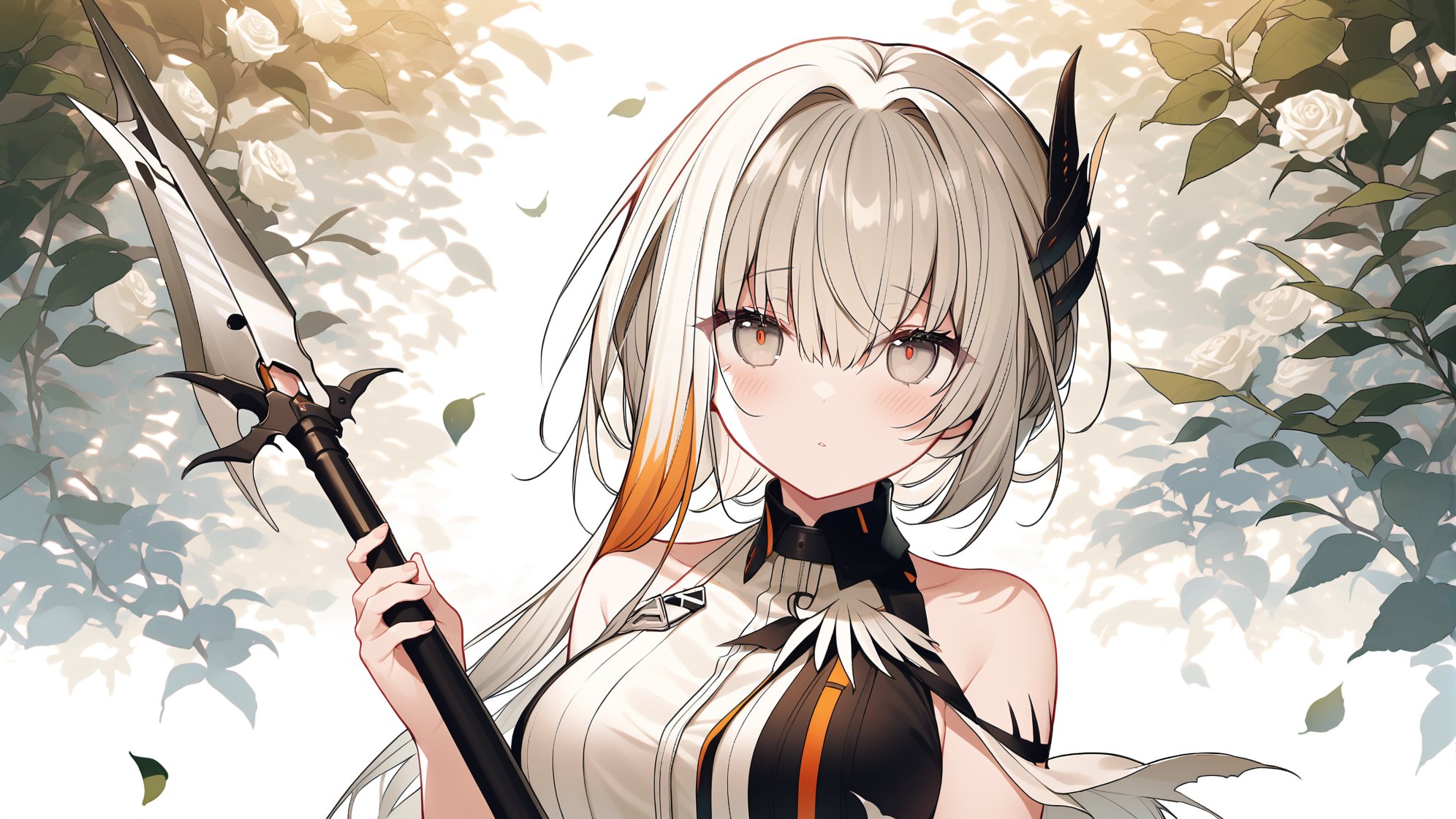 1girl,bangs,bare_shoulders,black_flower,blush,breasts,eyebrows_visible_through_hair,flower,hair_between_eyes,hair_flower,holding,large_breasts,leaf,looking_at_viewer,plant,rose,solo,upper_body,weapon,white_flower,white_rose,vendela_\(arknights\),