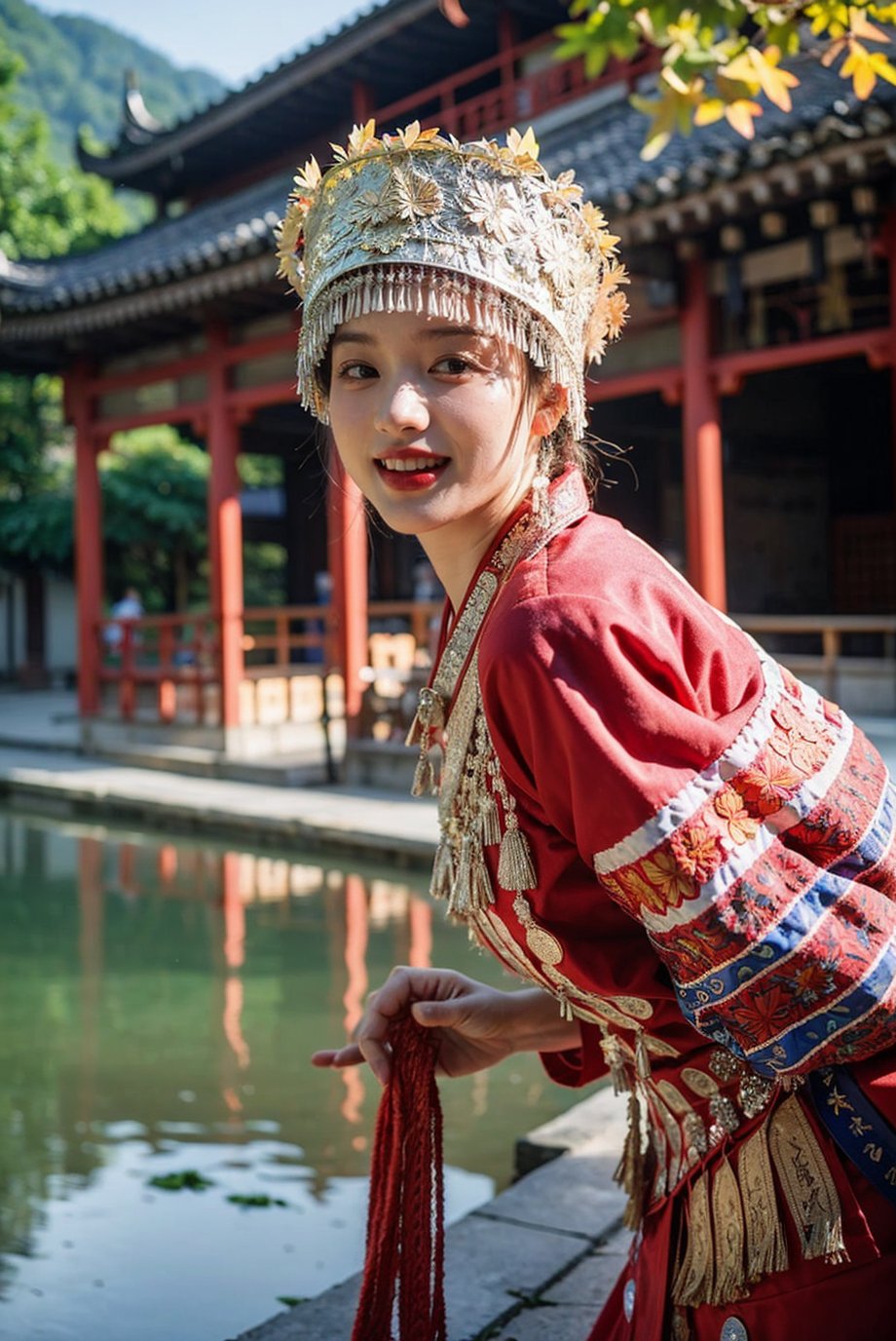 (karst topography),Taoist temple,(blurry foreground:1.5),(1 girl:2,),looking at viewer, light smile,day,((maple leaves)),Taoist temple,river valley,hdr, photorealism, masterpiece quality, best quality, pureerosface_v1,  <lora:YG红色苗疆服饰:0.75>,