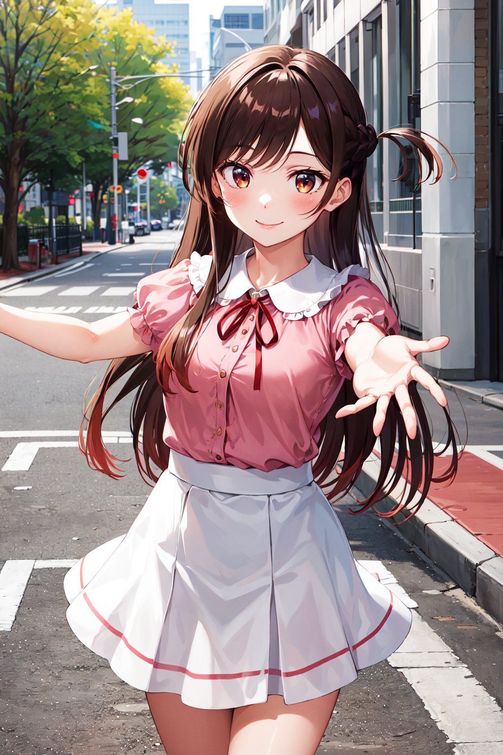 masterpiece, best quality, highres, aachizuru, long hair, one side up, neck ribbon, pink shirt, short sleeves, white skirt, <lora:mizuhara_chizuru_v2:0.7>, standing, cowboy shot, street, smile, reaching out, 