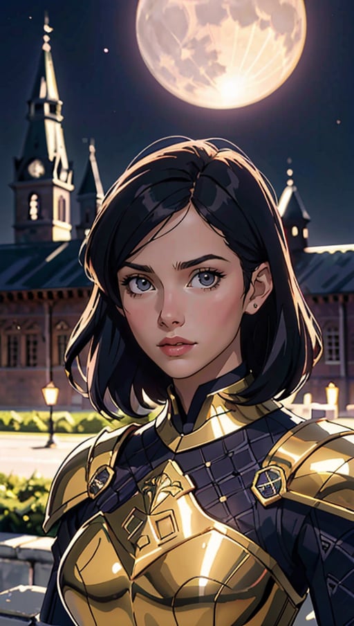 Portrait of a girl, the most beautiful in the world, (medieval gold armor), metal reflections, upper body, outdoors, intense moonlight, far away castle, professional photograph of a stunning woman detailed, perfect bobbed sexy intense black hair, sharp focus, dramatic, award winning, cinematic lighting, volumetrics dtx, (film grain, blurry background, blurry foreground, bokeh, depth of field, perfect night, interaction, Perfect chainmail), (masterpiece), (extremely intricate:1.3), (realistic), HDR+