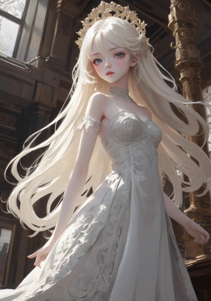hires,best quality,anime delicate detailed concept art, young girl with [waving long hair] white skin, with dress ornate intricate, (bjd-like beauty face), (Ulzzang Makeup), wide angle, craig mullins, yoji shinkawa, art germ, pete morbacher, david lynch, hyper detailed, high detail, artstation