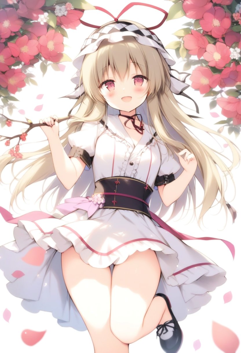 1girl,yakumo yukari,(tiv:1.5),shiratama (shiratamaco),jima,:d, blush, holding, looking at viewer, open mouth, smile, solo, standing, standing on one leg,branch, floating hair, flower, petals, pink flower, red flower, white flower,masterpiece,best quality,absurdres,