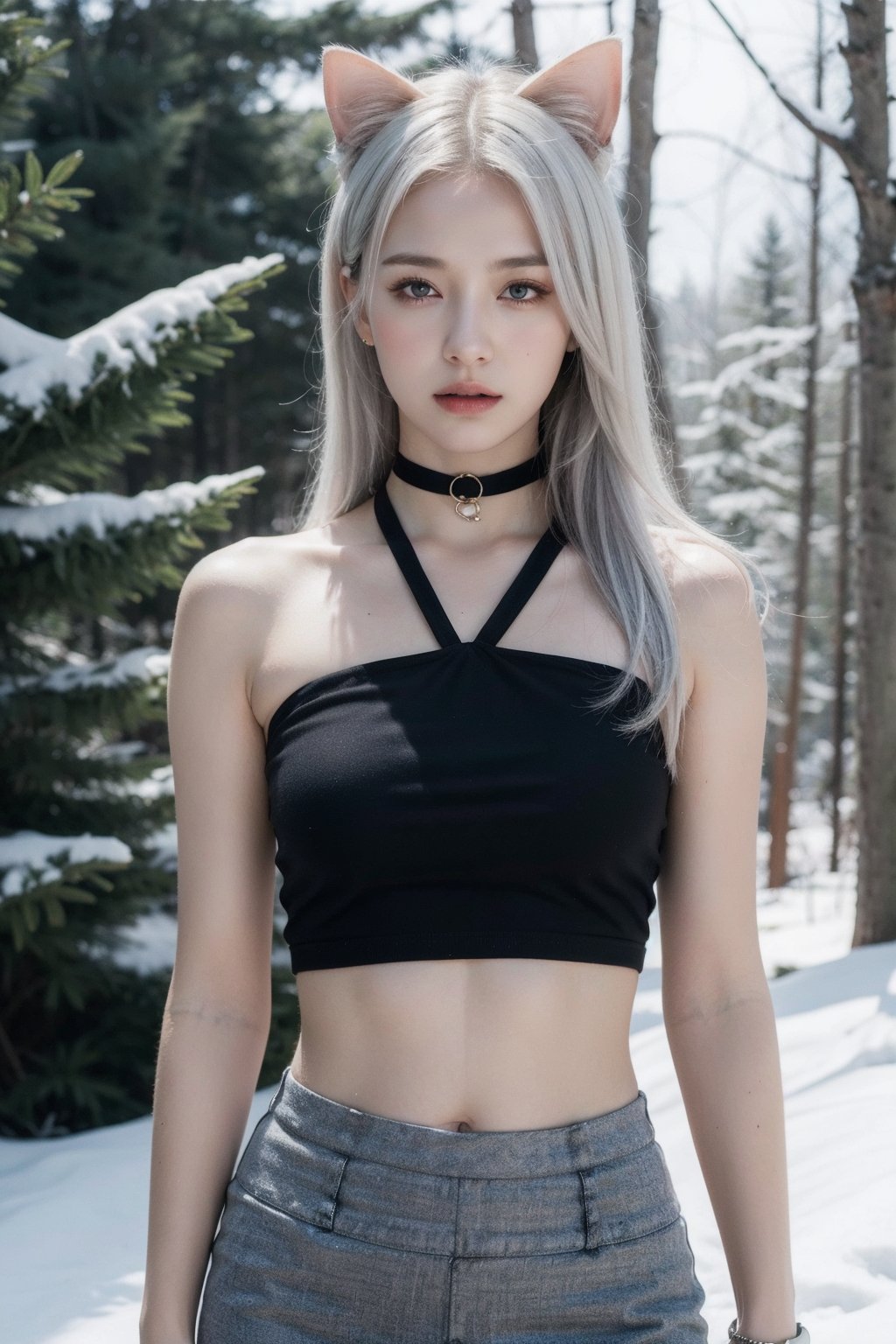 (realistic), (hyperrealism),best quality, masterpiece,ultra high res, (photorealistic:1.4),1girl,pale skin,skinny,(looking at viewer),snowy forest, choker with bell, navel, dynamic pose, cat's ears, (white hair,) long hair, upper body, halter top, short skirt