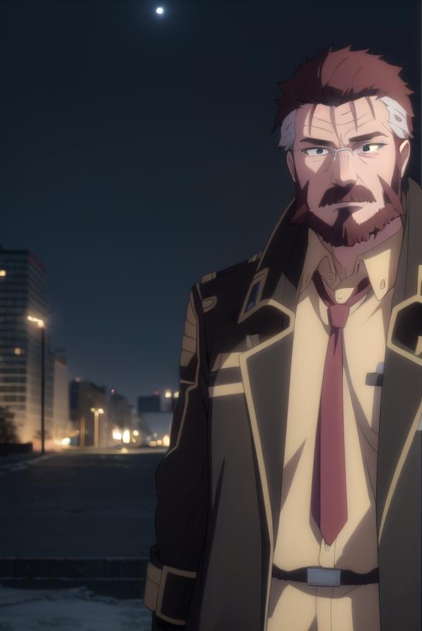 blitztalker, <lora:blitz talker s1-lora-nochekaiser:1>,blitz talker, brown hair, male focus, red hair, multicolored hair, facial hair, scar, (black eyes:1.5), beard,BREAK shirt, gloves, necktie, black gloves, coat, yellow shirt,BREAK outdoor, city, night, sky, buildings, moon, clouds,BREAK looking at viewer, (cowboy shot:1.5),BREAK <lyco:GoodHands-beta2:1>, (masterpiece:1.2), best quality, high resolution, unity 8k wallpaper, (illustration:0.8), (beautiful detailed eyes:1.6), extremely detailed face, perfect lighting, extremely detailed CG, (perfect hands, perfect anatomy),