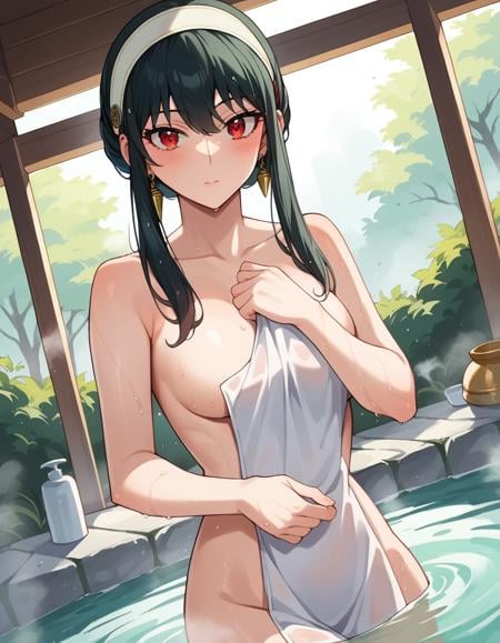 score_9, score_8_up, score_7_up, source_anime,yorbriar, <lora:yor-briar-ponyxl-lora-nochekaiser:1>yor briar, black hair, red eyes, earrings, white hairband, hairband, long hair, sidelocks,nude, naked, outdoors, onsen, towel, naked towel, steam, bathing, nude cover, partially submerged, water, bath, steam censor, wet towel,looking at viewer, cowboy shot, dutch angle,