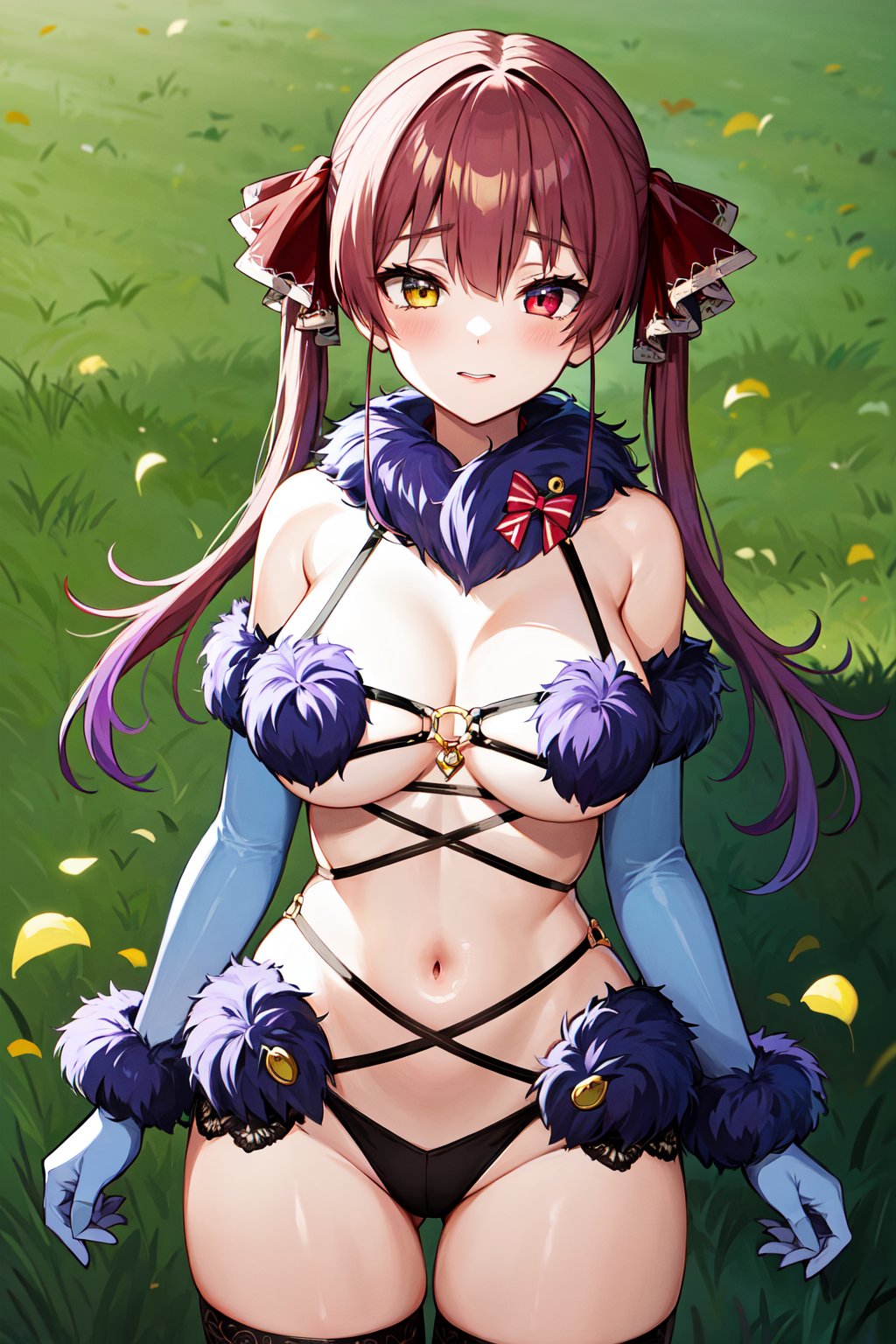 masterpiece, best quality, highres, iimarine, twintails, heterochromia, revealing clothes, fur collar, fur trim, cleavage, red bow, o-ring, elbow gloves, purple gloves, panties, lace-trimmed legwear, purple thighhighs, <lora:houshou_marine_v1:0.8>, standing, cowboy shot, filed, grass