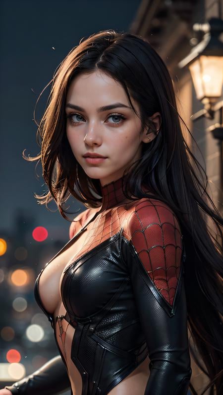 (best quality, masterpiece, colorful, dynamic angle, highest detailed) upper body photo, fashion photography of cute, intense long red hair, \Mary Jane\ in spiderman suit, (ultrahigh resolution textures), in dynamic pose, bokeh, glowing web, (intricate details, hyperdetailed:1.15), detailed, moonlight passing through hair, perfect night, colorful fantasy art background, (official art, extreme detailed, highest detailed), HDR+