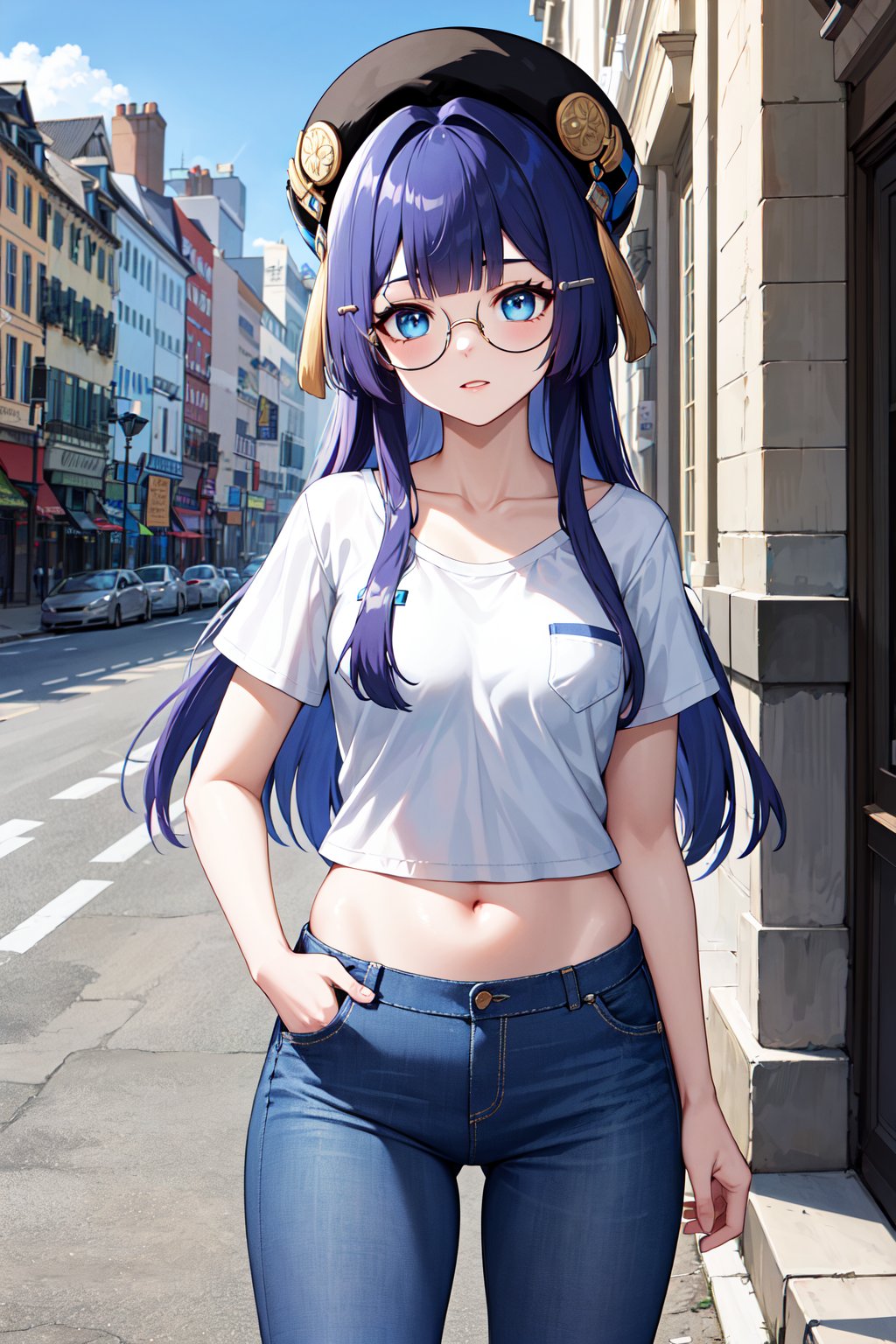 masterpiece, best quality, highres, aapela, long hair, hat, black headwear, hair ornament, glasses, <lora:pela_v1:0.7>, white shirt, t-shirt, collarbone, midriff, short sleeves, jeans, outdoors, street, hand in pocket, cowboy shot, 