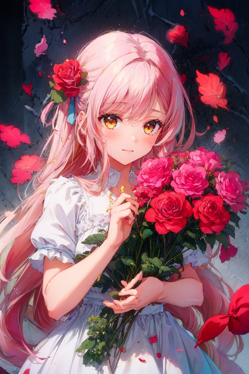 (masterpiece, high quality, 8k), 1girl,floral dress, rose, red flower, pink rose ,petals, rose petals, yellow flower,  upper body, <lora:rose:1.5>