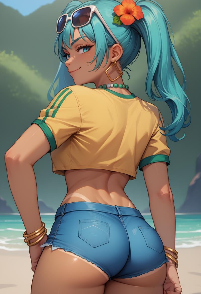 score_9, score_7_up, source_anime, from behind, solo, 1girl, brazilianmiku, dark-skinned female, tanlines, smug, looking back, standing, twintails, hair flower, sunglasses, eyewear on head, aqua eyes, yellow shirt, cropped shirt, short sleeves, blue shorts, denim shorts, short shorts, beads, hoop earrings, bracelet, midriff, large breasts, ass, outdoors, beach<segment:yolo-face_yolov8m.pt,0.4,0.5//cid=1>