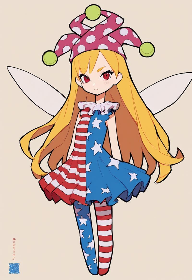 score_9, score_8_up, score_8, score_9, 1 girl,  source_anime, <lora:clownpiece_pony-10:1>, jester cap, neck ruff, blonde hair, american flag legwear, american flag dress, clownpiece, red eyes, long hair, detailed background,  <lora:Eiken3kyuboy_Artist_Style_ponyXL-000018:0.8>, fairy wings