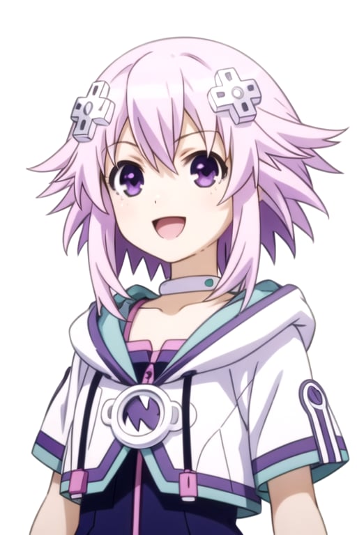 solo, 1girl, looking at viewer, 2D, anime, anime coloring, upper body, (simple background, solid white background:1.3), <lora:neptune-choujigenneptune:0.8>, neptune, choker, hoodie, smile, :d