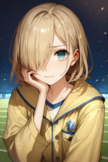 score_9, score_8_up, score_7_up, 1girl, looking at viewer, hand on own cheek, ashamed, bronze hair, hair over one eye, Sapphire eyes, flat chest, beige yellow raincoat, glitter particles, soccer field, vanishing point <lora:wada_arco_PonyXL_style_v01:1>