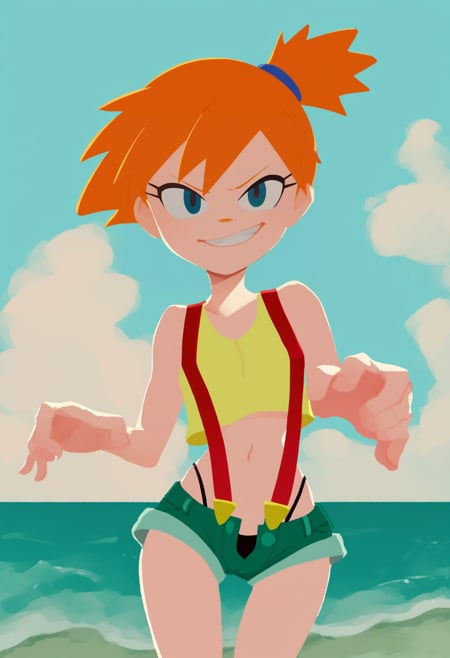 score_9, score_8_up, score_7_up, score_6_up, score_5_up, score_4_up, BREAK,misty \(pokemon\), orange hair, wearing a yellow crop top and a short shorts, thong, suspenders, challenging the viewer, smirk, BREAK, sand, sea, blue sky, tropical island background    <lora:SplatoonXLLocon:1>