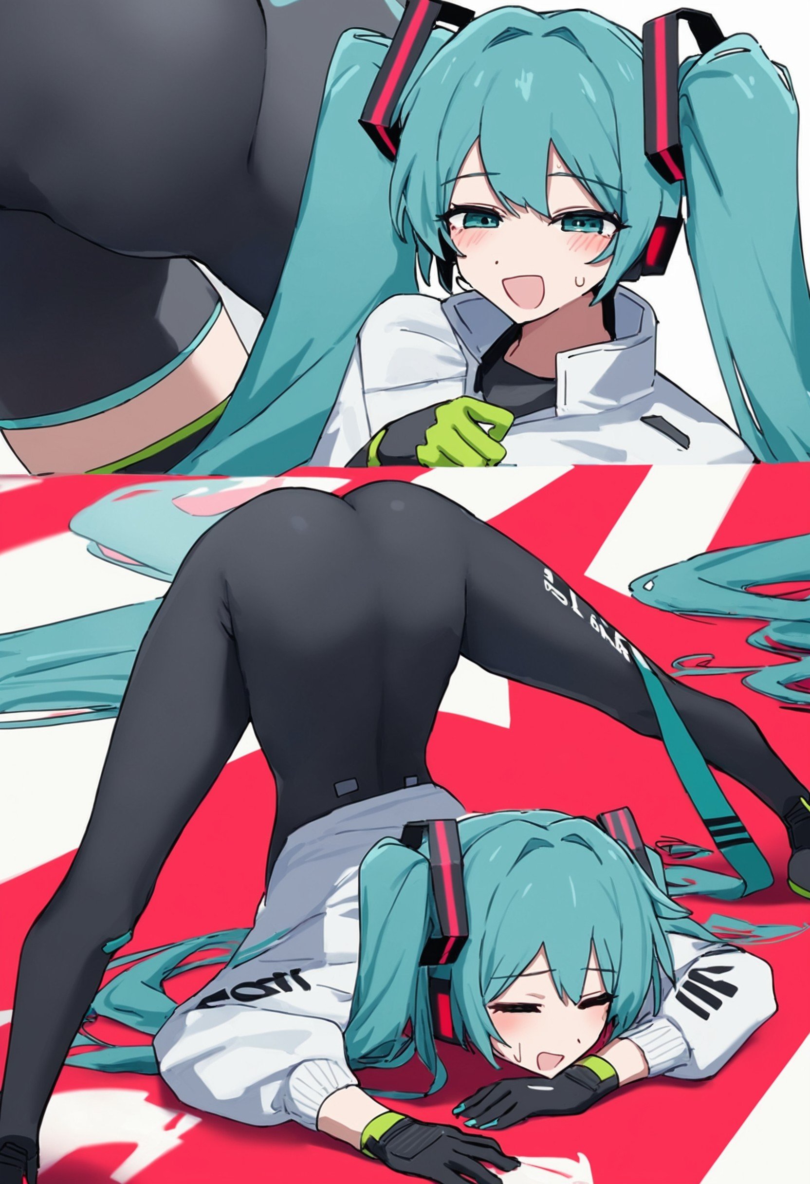 score_9,score_8,score_7_up,source_anime, <lora:ChannelStyle-000020:1>,hatsune_miku, racing_miku, racing_miku_(2022), channel_(_caststation), 1girl, aqua_eyes, aqua_hair, ass, asymmetrical_bodysuit, black_bodysuit, black_footwear, black_gloves, blush, bodysuit, boots, closed_eyes, closed_mouth, cropped_jacket, flag, flexible, gloves, green_flag, green_gloves, hair_between_eyes, hair_ornament, holding, holding_flag, jack-o'_challenge, jacket, kneepits, leg_lift, long_hair, multiple_views, open_mouth, simple_background, single_leg_bodysuit, single_thigh_boot, split, spread_legs, squatting, standing, standing_on_one_leg, standing_split, sweat, thigh_boots, top-down_bottom-up, twintails, two-tone_gloves, very_long_hair, white_background, white_jacket, goodsmile_racing, vocaloid, absurdres, commentary, highres