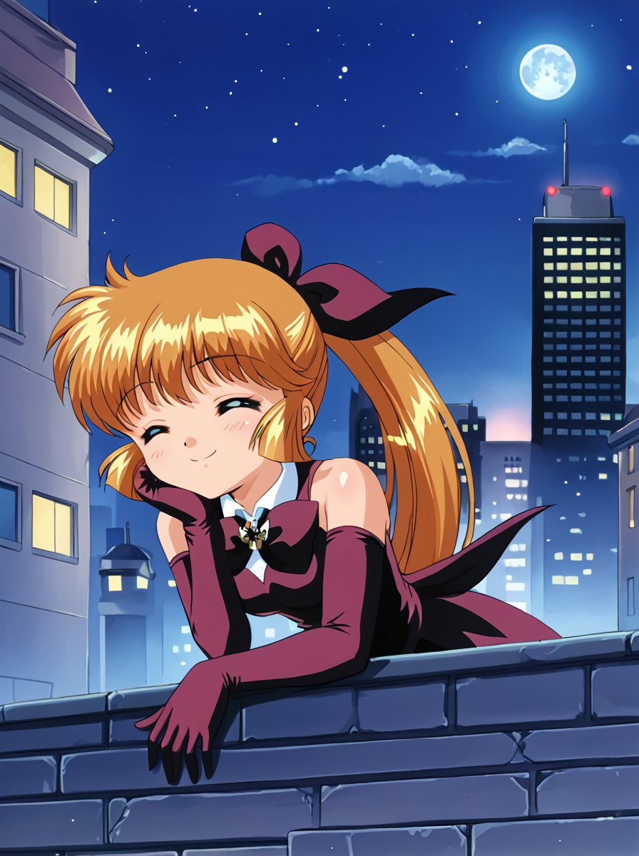 detailed background, shiny skin,<lora:meimi.pony:1>,meimi, def, medium breasts, night, city, building, roof, sit,  closed eyes, smile, leaning forward, 