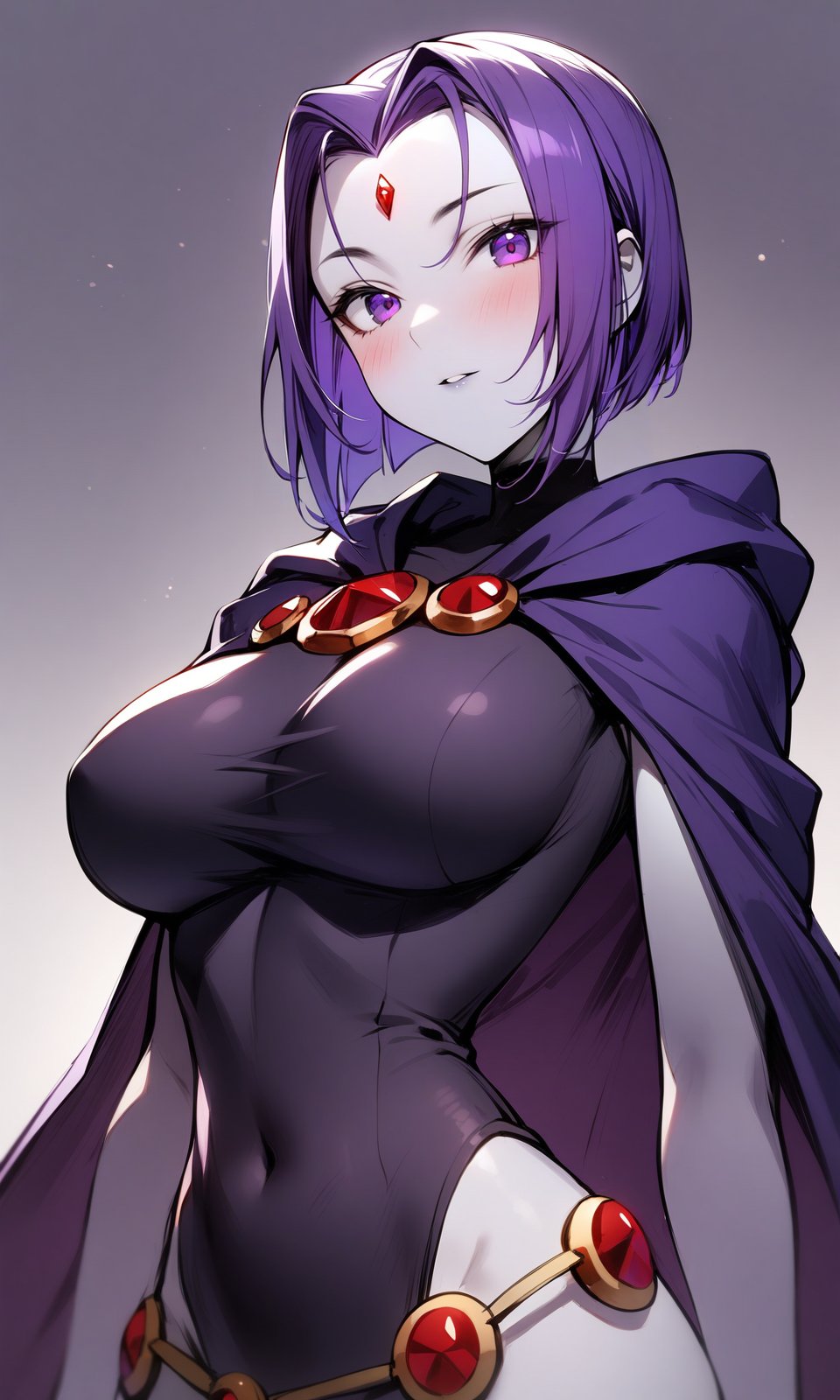 1girl, raven, black cape, black cloak, blush, breasts, cape, cloak, covered navel, forehead jewel, gem, grey skin, hair intakes, large breasts, looking at viewer, purple cape, purple eyes, purple hair, short hair, arms at sides, upper body, portrait, masterpiece, absurdres,<lora:Raven_XL:1> 