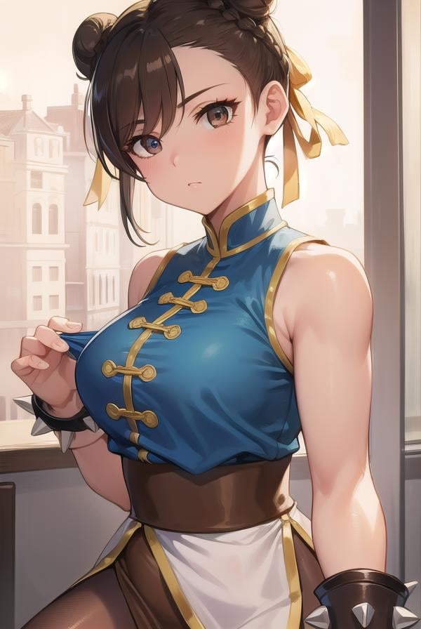 chunli, <lora:chun li v2-lora-nochekaiser:1>,chun li, (brown eyes:1.7), brown hair, (bun cover:1.5), double bun, eyeliner, hair bun, lipstick, makeup, pink lips,BREAK blue dress, boots, bracelet, brown pantyhose, china dress, chinese clothes, cross-laced footwear, dress, gold trim, jewelry, pantyhose, pelvic curtain, puffy sleeves, sash, short sleeves, side slit, spiked bracelet, spikes, white footwear,BREAK outdoors,BREAK looking at viewer, full body,BREAK <lyco:GoodHands-beta2:1>, (masterpiece:1.2), best quality, high resolution, unity 8k wallpaper, (illustration:0.8), (beautiful detailed eyes:1.6), extremely detailed face, perfect lighting, extremely detailed CG, (perfect hands, perfect anatomy),