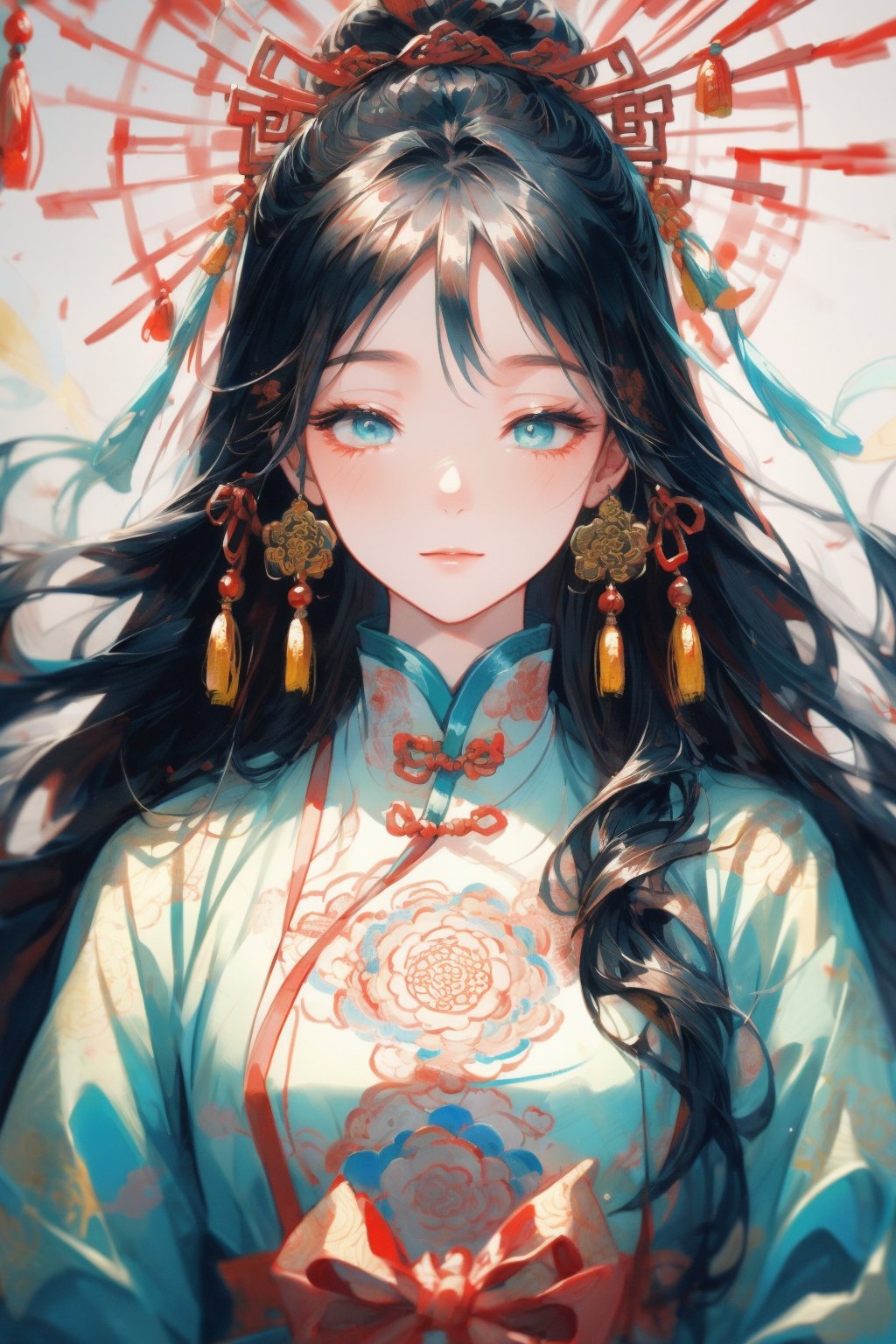 best quality,(masterpiece:1.3),medium shot,basement,spiritual energy flowing,(solo:1.2),(1girl:1.4),black hair,aqua eyes,messy_long_hair,Practicing,meditating,closing eyes,Immortal,cultivation,Chinese girl,traditional Chinese painting,inkwash painting,(((detailed background))),wallpaper,Parting art,mandala,chaos,red tone color,Radial,streamlined,typing art,art design,burst,<lora:menghuangan_max:0.7>,<lora:fanguang_V1-000014:0.5>,<lora:add_detail:0.5>,