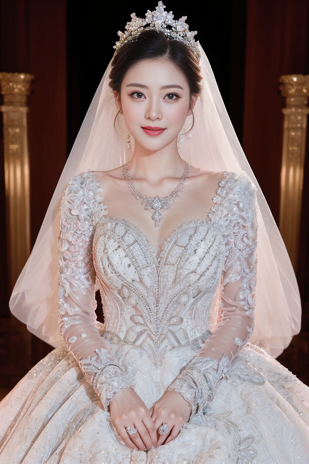 1girl),(thin body),looking_at_viewer,(arms_behind_back:1),(front half-length photo:1.7),(standing:1),(long bridal veil:1.5),(diamond wedding dress:1.1),(see-through:1),(diamond long sleeves:1),(air bang:1),(bridal crown:1.2),(diamond necklace:1.3),lipstick,(smile:1.1),makeup,