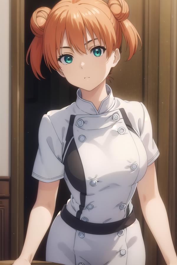 yuukiyoshino, <lora:yuuki yoshino s1-lora-nochekaiser:1>,yuuki yoshino, short hair, twintails, (green eyes:1.3), hair bun, orange hair, double bun,BREAK chef, pants, white pants,BREAK indoors, kitchen,BREAK looking at viewer, (cowboy shot:1.5),BREAK <lyco:GoodHands-beta2:1>, (masterpiece:1.2), best quality, high resolution, unity 8k wallpaper, (illustration:0.8), (beautiful detailed eyes:1.6), extremely detailed face, perfect lighting, extremely detailed CG, (perfect hands, perfect anatomy),