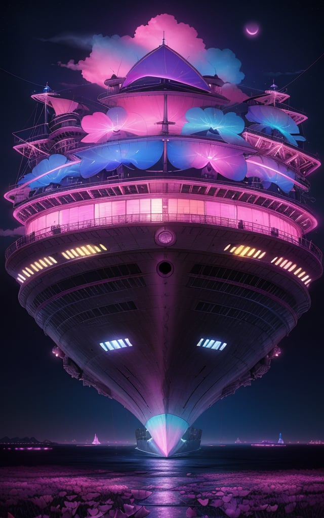 Surrealism Dream Style,glowing neon color,best quality,masterpiece,highly detailed,ultra-high resolutions,a ship in sky,night,pink and blue lights on them,clouds,glowing smoking,Petals,wind,fantasy,psychedelic colors,Flowing light, dazzling light,